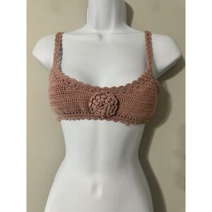 SHE‎ MADE ME Rose Crochet Bikini Top Bralette S/M Mauve Pink Floral Cotton Boho